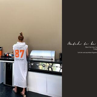 Lettered Sleeveless Long Hoodie Dress Melange White - One Size