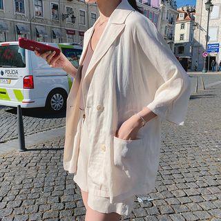 Set: 3/4-sleeve Plain Casual Blazer + High-waist Shorts