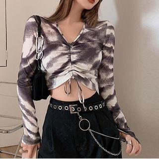 Long-sleeve Tie-dyed Drawstring T-shirt