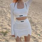 Long-sleeve Crop Top / Cropped Halter Top / Mini Pencil Skirt / Set