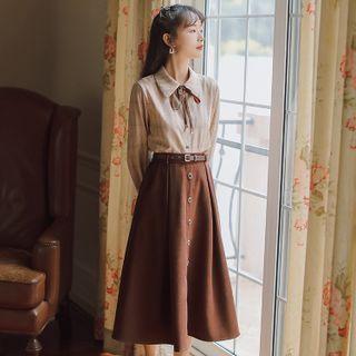 Set: Plaid Shirt + Belt + Midi A-line Skirt