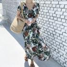Surplice-wrap Foliage Maxi Dress Ivory - One Size
