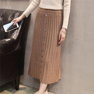 Knit Midi Pleated Accordion Button A-line Skirt