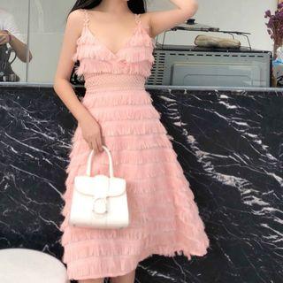 V-neck Fringed Trim Spaghetti Strap Dress