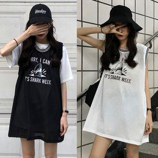 Sleeveless Striped Trim Printed Mini T-shirt Dress