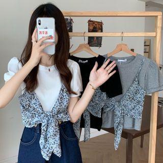 Floral Puff-sleeve Mock Two-piece Top