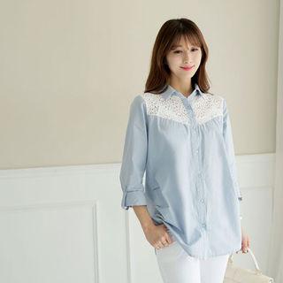 Tab-sleeve Lace-panel Cotton Shirt