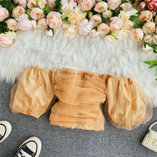 Mesh Overlay Off-shoulder Chiffon Blouse