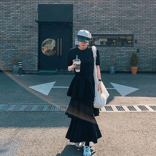 Elbow-sleeve Maxi Layered Dress