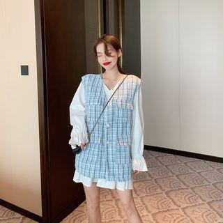 V-neck Plain Dress / Plaid Vest