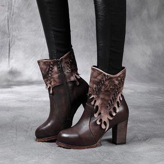 Genuine-leather Block Heel Short Boots
