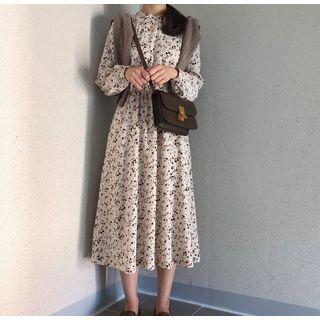 Printed Long-sleeve Gathered-waist Dress Beige - One Size