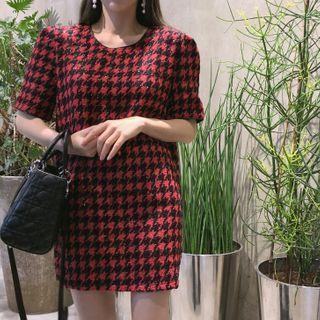 Round-neck Houndstooth Mini Tweed Dress Red - One Size