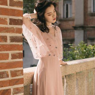 Mesh Panel Elbow-sleeve Maxi A-line Dress