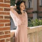 Mesh Panel Elbow-sleeve Maxi A-line Dress