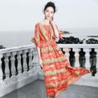 Elbow-sleeve Printed A-line Midi Beach Dress