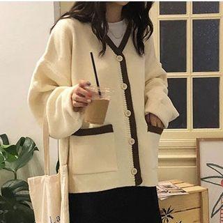 V-neck Plain Contrast Trim Loose Fit Cardigan