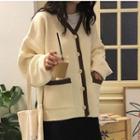 V-neck Plain Contrast Trim Loose Fit Cardigan