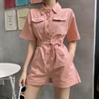Single-breasted Short-sleeve Playsuit Pink - One Size