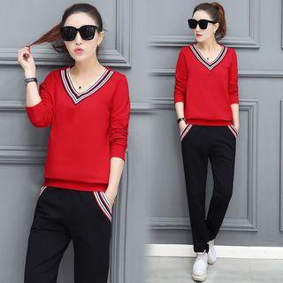 Set: V-neck Long-sleeve Sweatshirt + Sweatpants