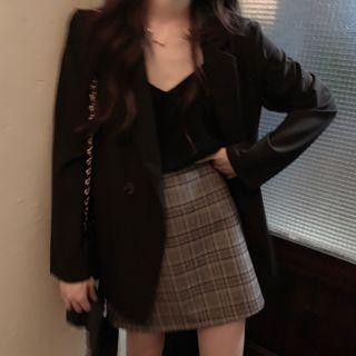 Plain Double-breasted Blazer / Camisole Top / Plaid Mini Pencil Skirt