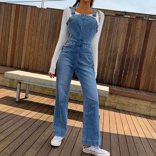 Pocket-detail Washed Denim Suspender Pants Blue - One Size