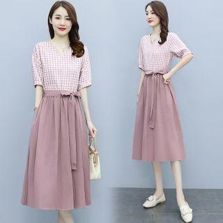 Short-sleeve Check Tie-waist Midi A-line Dress