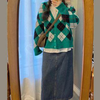 Argyle Cardigan / Denim Midi Pencil Skirt / Long-sleeve T-shirt / Set