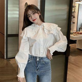 Ruffle Trim Balloon-sleeve Blouse White - One Size
