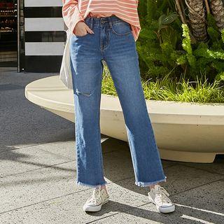 Fringed-hem Slit Wide-leg Jeans