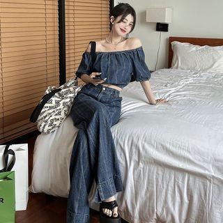 Off-shoulder Denim Crop Top / High-waist Wide-leg Jeans
