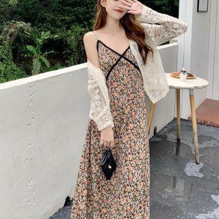 Spaghetti Strap Floral Midi Dress / Light Jacket