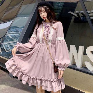 Long-sleeve Lace-panel Ruffled A-line Dress As Shown In Figure - One Size