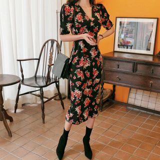 Flower Print Puff-sleeve Sheath Midi Dress