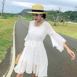 Bell-sleeve Lace Embroidered Tie-waist A-line Dress
