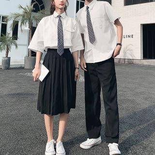 Couple Matching Elbow-sleeve Tie-neck Shirt / Midi Skirt / Straight Leg Dress Pants