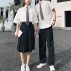 Couple Matching Elbow-sleeve Tie-neck Shirt / Midi Skirt / Straight Leg Dress Pants