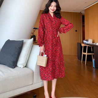 Leopard Long-sleeve Midi A-line Dress Red - One Size