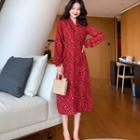 Leopard Long-sleeve Midi A-line Dress Red - One Size
