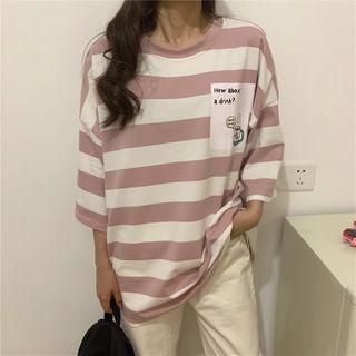 3/4-sleeve Striped Cartoon Print T-shirt