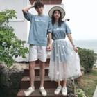 Couple Matching Short-sleeve Lettering T-shirt / Shorts / Swan Print A-line Mesh Skirt / Set