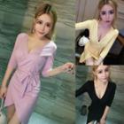 3/4-sleeve Wrap Knit Dress With Sash