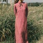 Long-sleeve Linen Maxi Qipao Dress Pink - One Size
