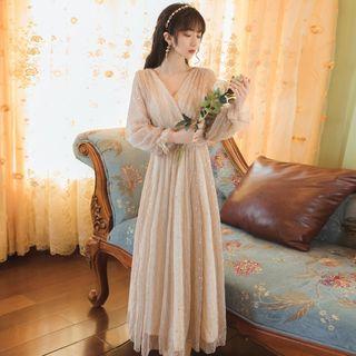 Long-sleeve V-neck Midi A-line Glitter Mesh Dress