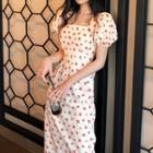 Balloon-sleeve Cherry Print Midi A-line Dress