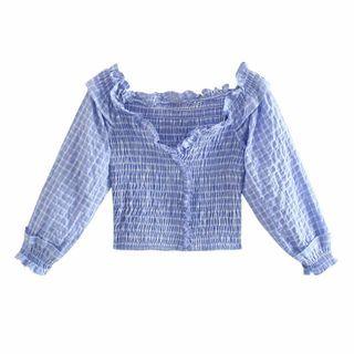 Plaid Ruffle Trim Cropped Blouse