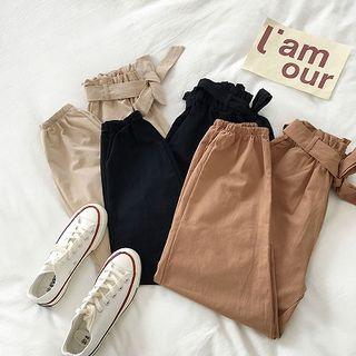 Plain Lace-up High-waist Harem Pants