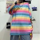 Elbow-sleeve Striped T-shirt Yellow & Pink & Blue - One Size