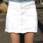Inset Shorts Button-front Distressed Miniskirt