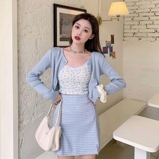 Cardigan / Spaghetti Strap Floral Print Top + Plaid Mini Fitted Skirt